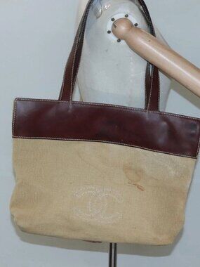 CHANEL COCO Mark Tote Bag Leather Canvas Beige CC Auth 117522